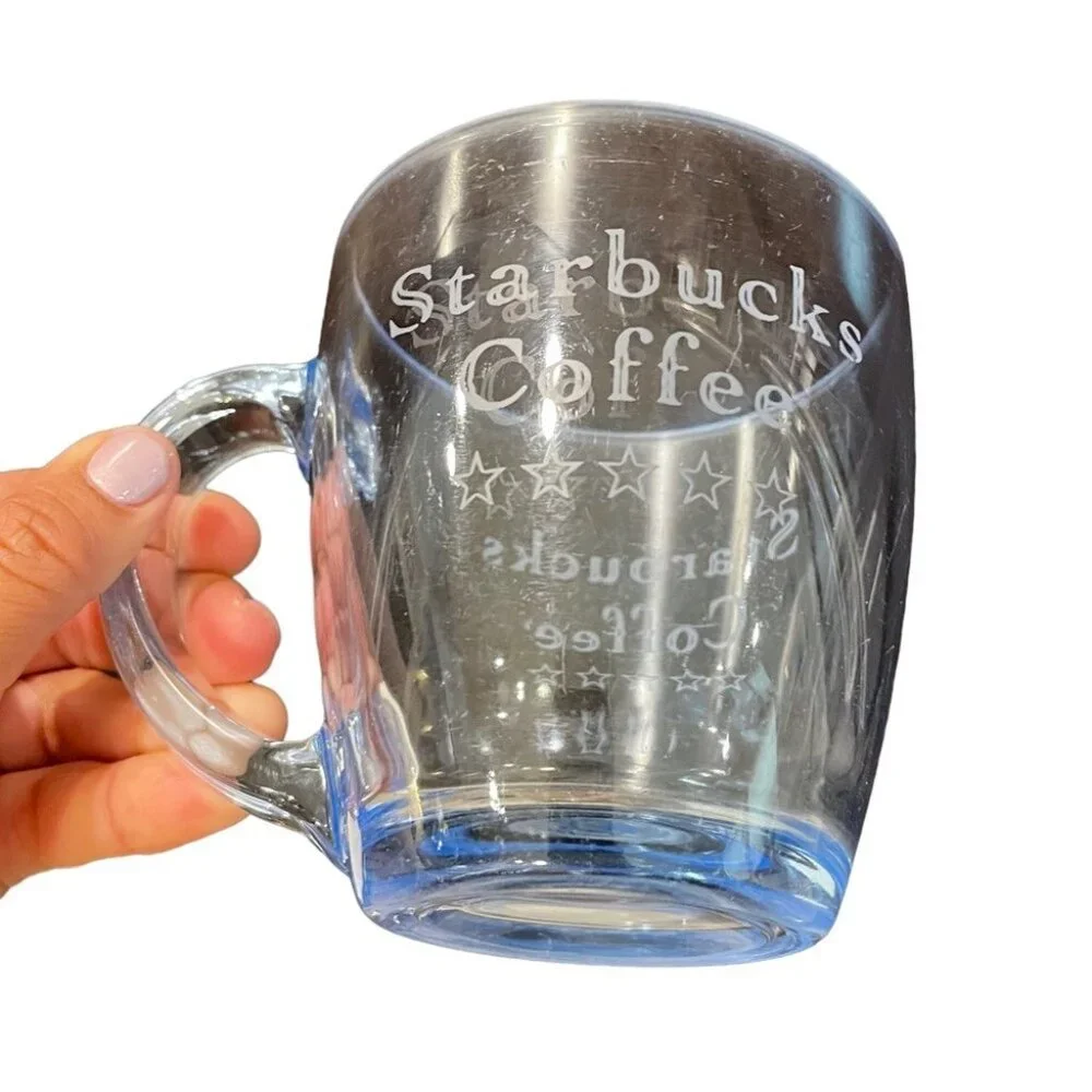 Starbucks Etched Glass Coffee Mug Clear Durable Handle Unique Five Stars Design‎